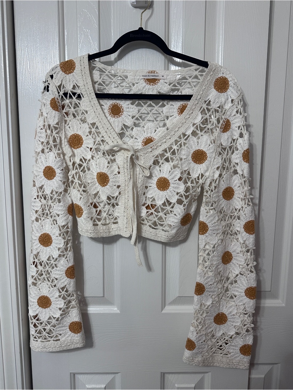 moon & madison Cream Crochet Daisy Tie-Front Cardigan with Mustard Centers